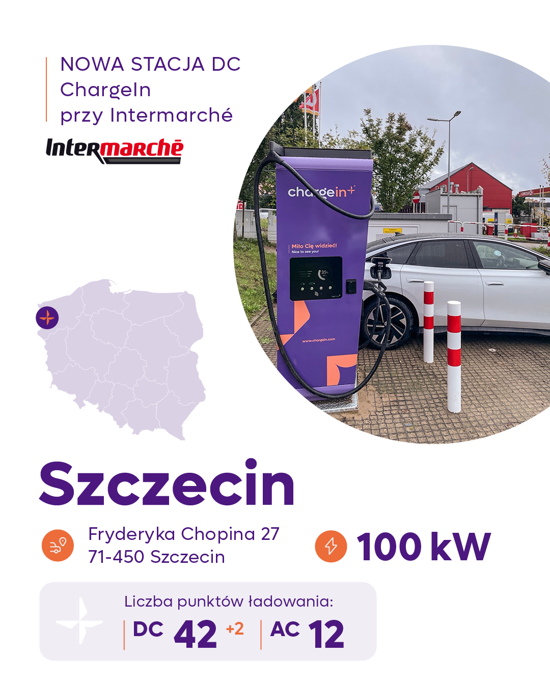Stacja ładowania DC ChargeIn w Szczecinie - nowoczesna infrastruktura elektromobilności w województwie zachodniopomorskim.