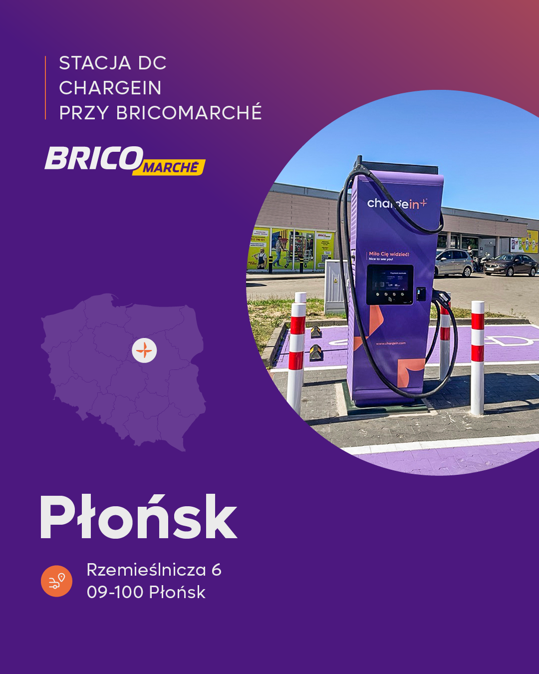 Stacja ładowania DC ChargeIn przy sklepie Bricomarche w Płońsku – komfortowe ładowanie podczas zakupów.