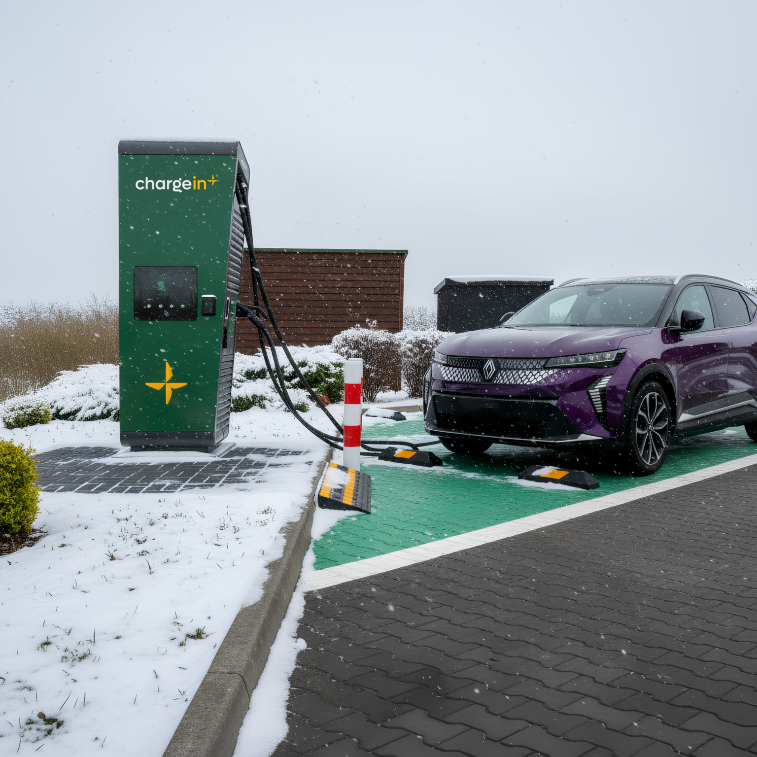 Zimowa podróż samochodem elektrycznym z rodziną – przerwa na ładowanie auta EV w sieci stacji ChargeIn.